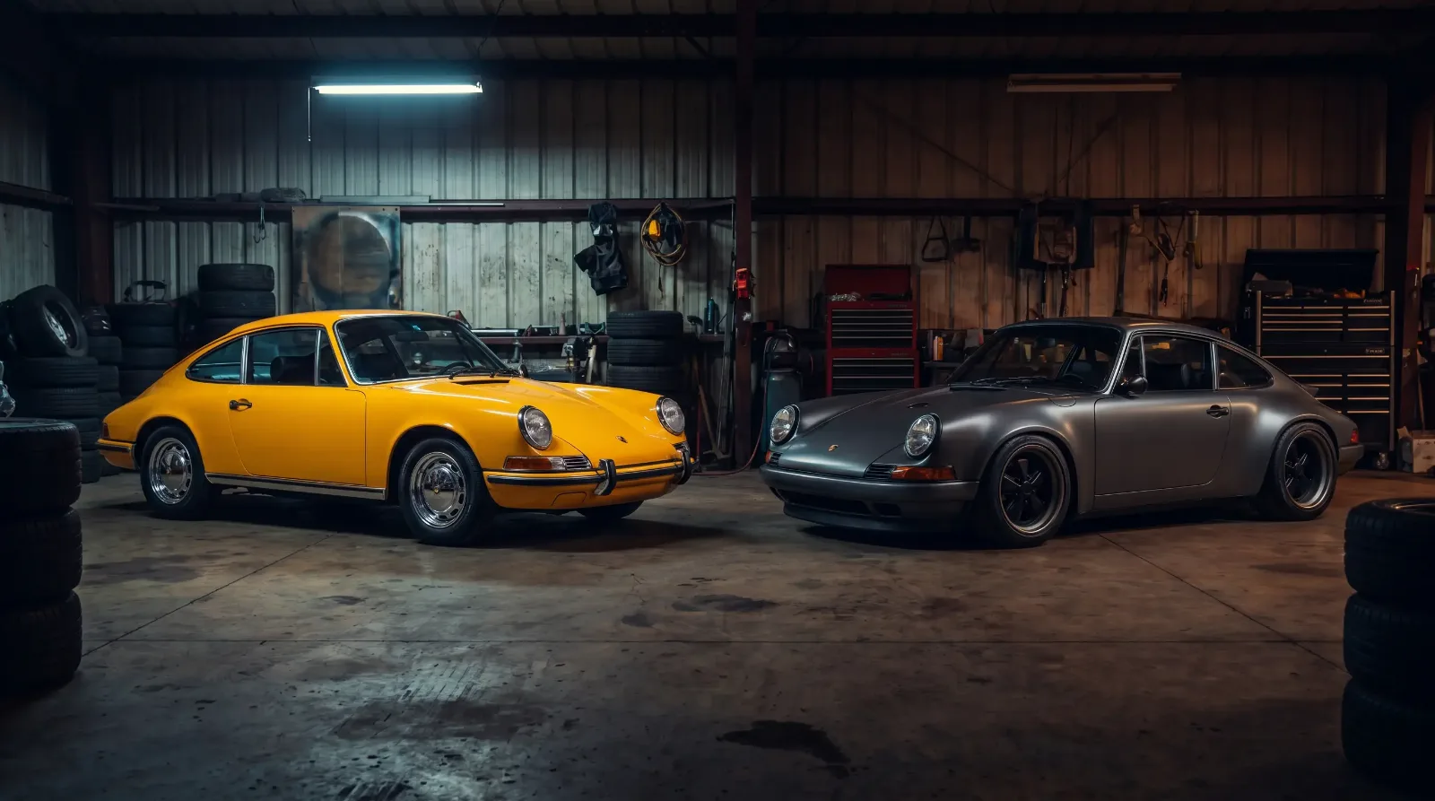 A factory-original air-cooled Porsche 911S parked nose to nose with a widened outlaw-style 911 in a dim workshop garage