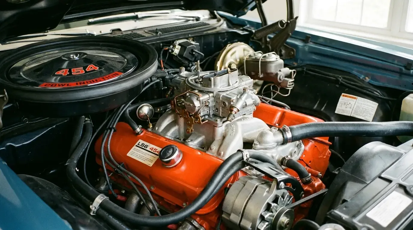 1970 Chevrolet Chevelle LS6 454 engine bay — Holley four-barrel carburetor detail