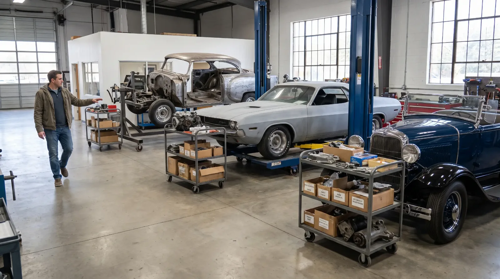 Restoration shop floor with classic cars in different stages of work, from bare metal body to fresh paint