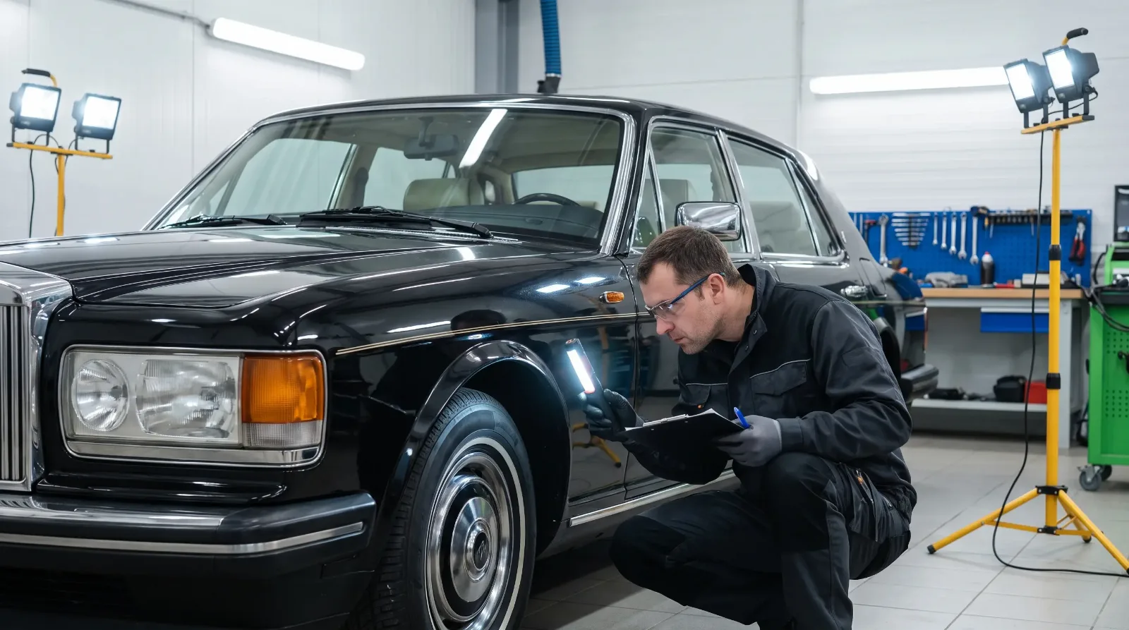 Inspector examining a classic luxury car with a flashlight