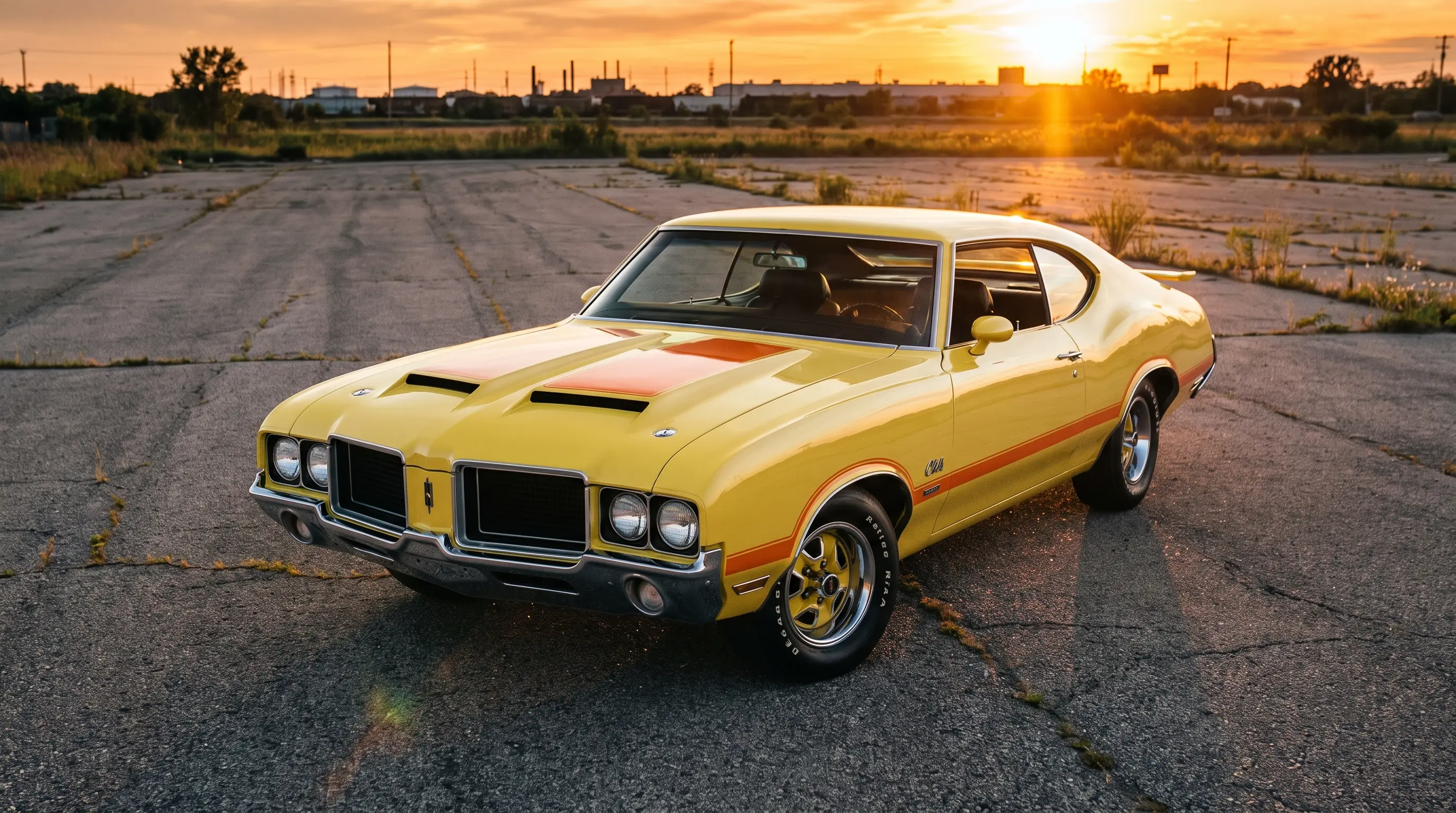 Yellow 1970 Oldsmobile Cutlass Rallye 350 with orange stripes on an asphalt lot at sunset