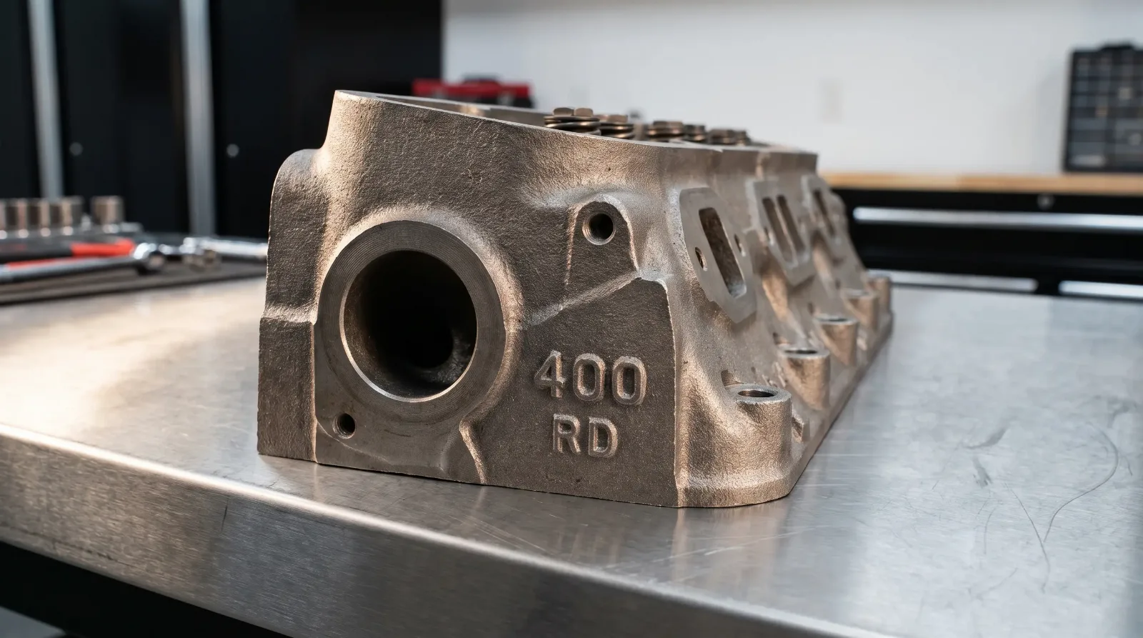 Bare round-port Pontiac 400 cylinder head studio shot