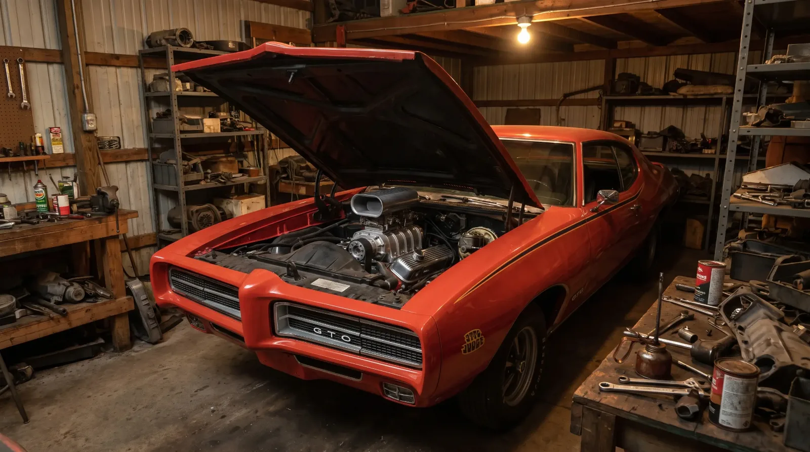 1969 GTO Judge with hood open, Ram Air IV