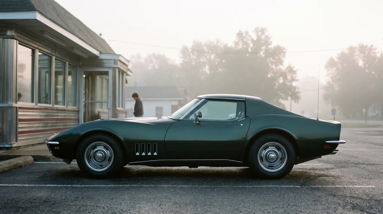 1969 Chevrolet Corvette Stingray, outside a misty roadside diner
