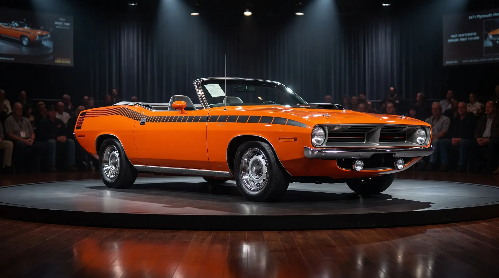 Orange 1971 Plymouth Hemi Cuda convertible spotlighted on a dark collector-car auction stage