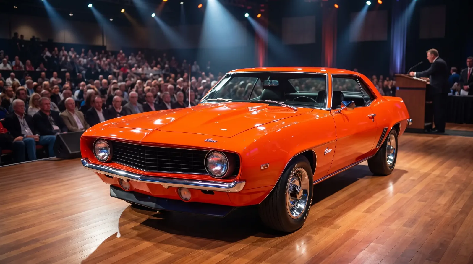 1969 Chevrolet Camaro ZL1 spotlighted on a collector-car auction stage