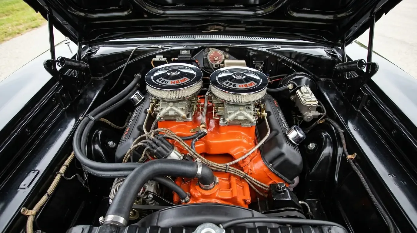 1969 Dodge Charger R/T 426 Hemi - twin-carb engine bay detail