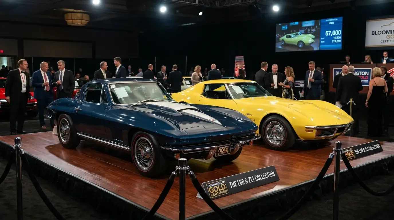 A 1967 Corvette L88 427 coupe and a 1969 ZL1 Corvette side by side under auction spotlights, representing the pinnacle of rare Corvette collectibility
