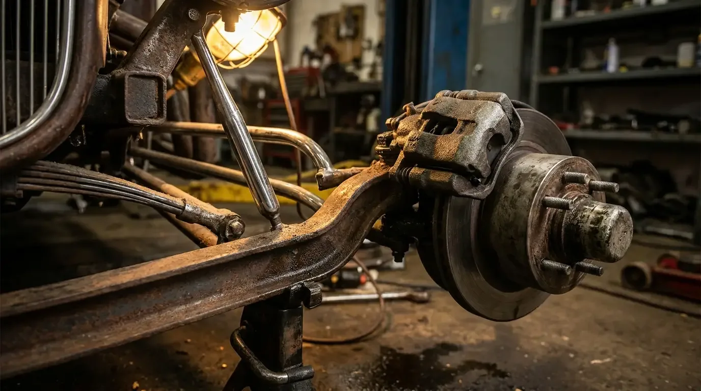 Front disc-brake conversion on a rat rod's dropped beam axle, single-piston caliper over a bare rotor with chrome hairpins and hub visible in a shop