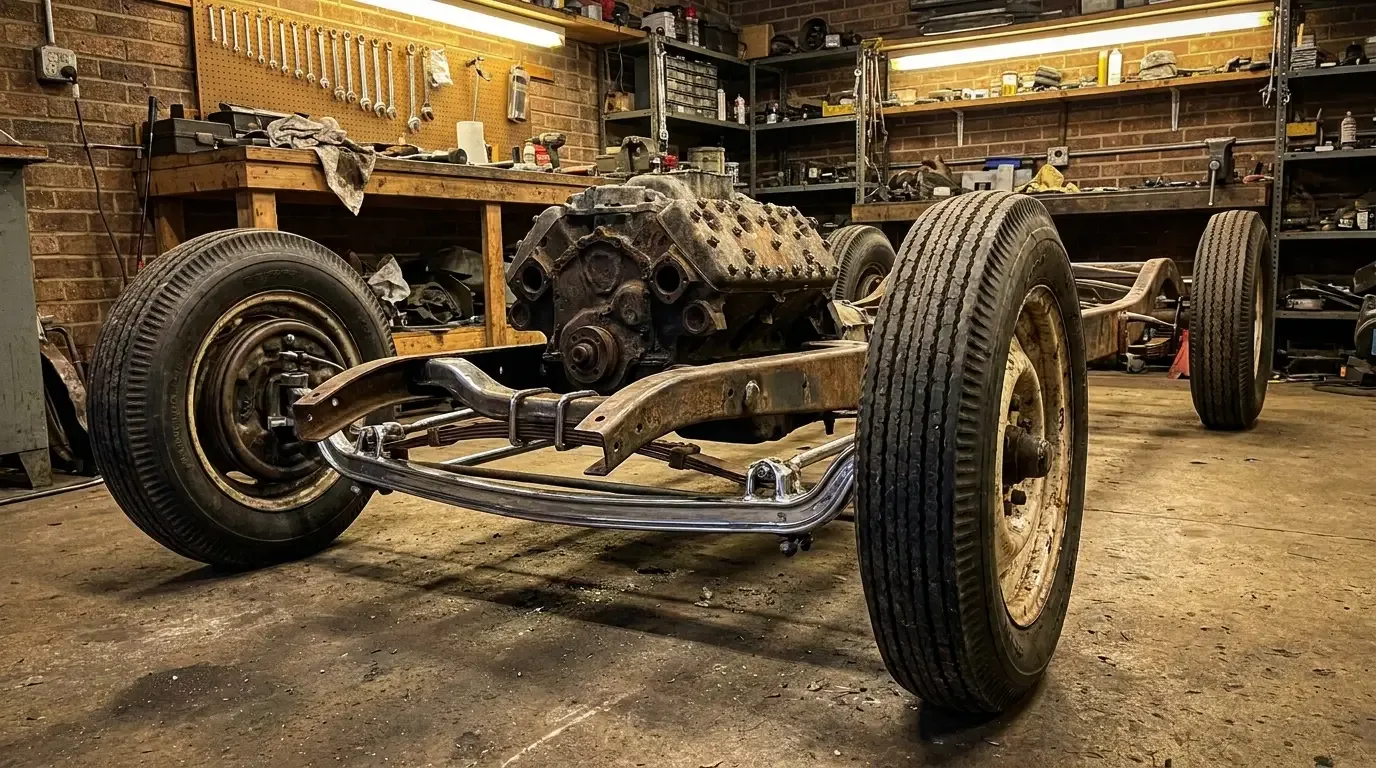 Bare rat rod rolling chassis with no body on a shop floor, showing open C-channel frame rails, front beam axle, vintage steel wheels and a mocked-up flathead V8