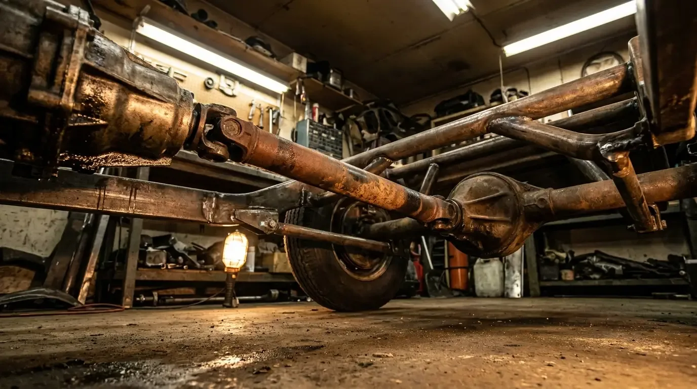 Low shop-floor view of a rat rod underside showing the driveshaft running back to a solid rear axle with transmission and crossmember visible