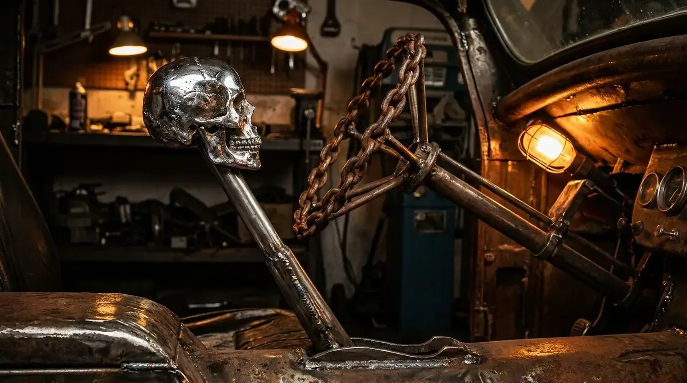 Close-up of welded rat rod art: a chromed skull-topped gear shifter beside a chain-link steering wheel in moody workshop light