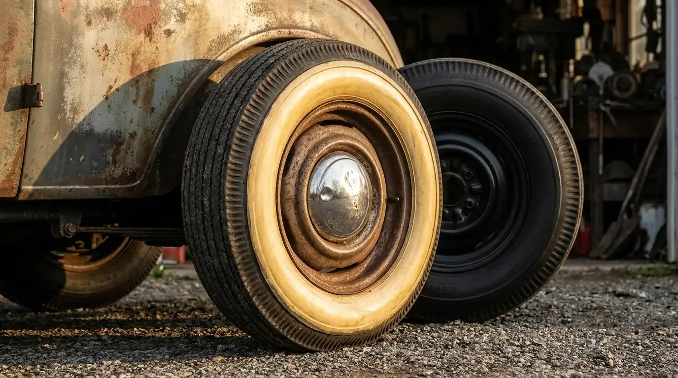 Close-up three-quarter view of a rat rod's big-and-little staggered wheels: a narrow steel front wheel with a wide-whitewall tire and a taller fat blackwall rear tire, low patina stance