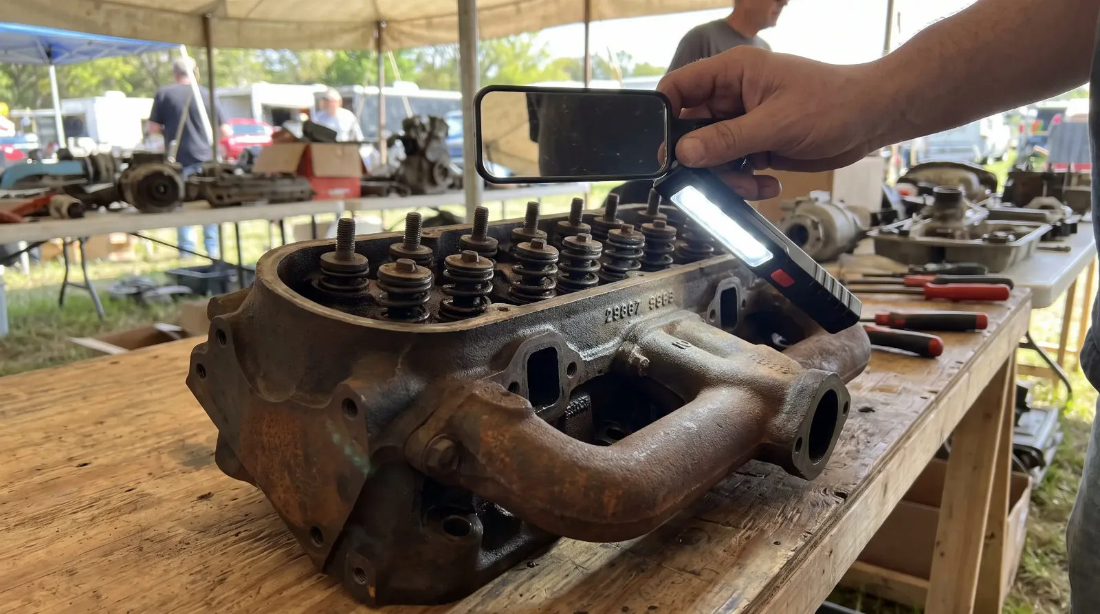 Cast-iron V8 cylinder head and intake manifold on a swap meet table being inspected with a small mirror and light