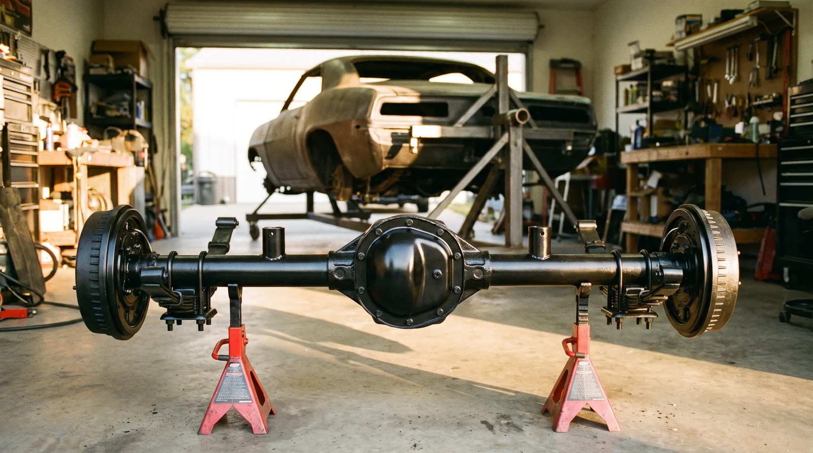 Rebuilt classic rear axle â€” painted housing on jack stands in a workshop