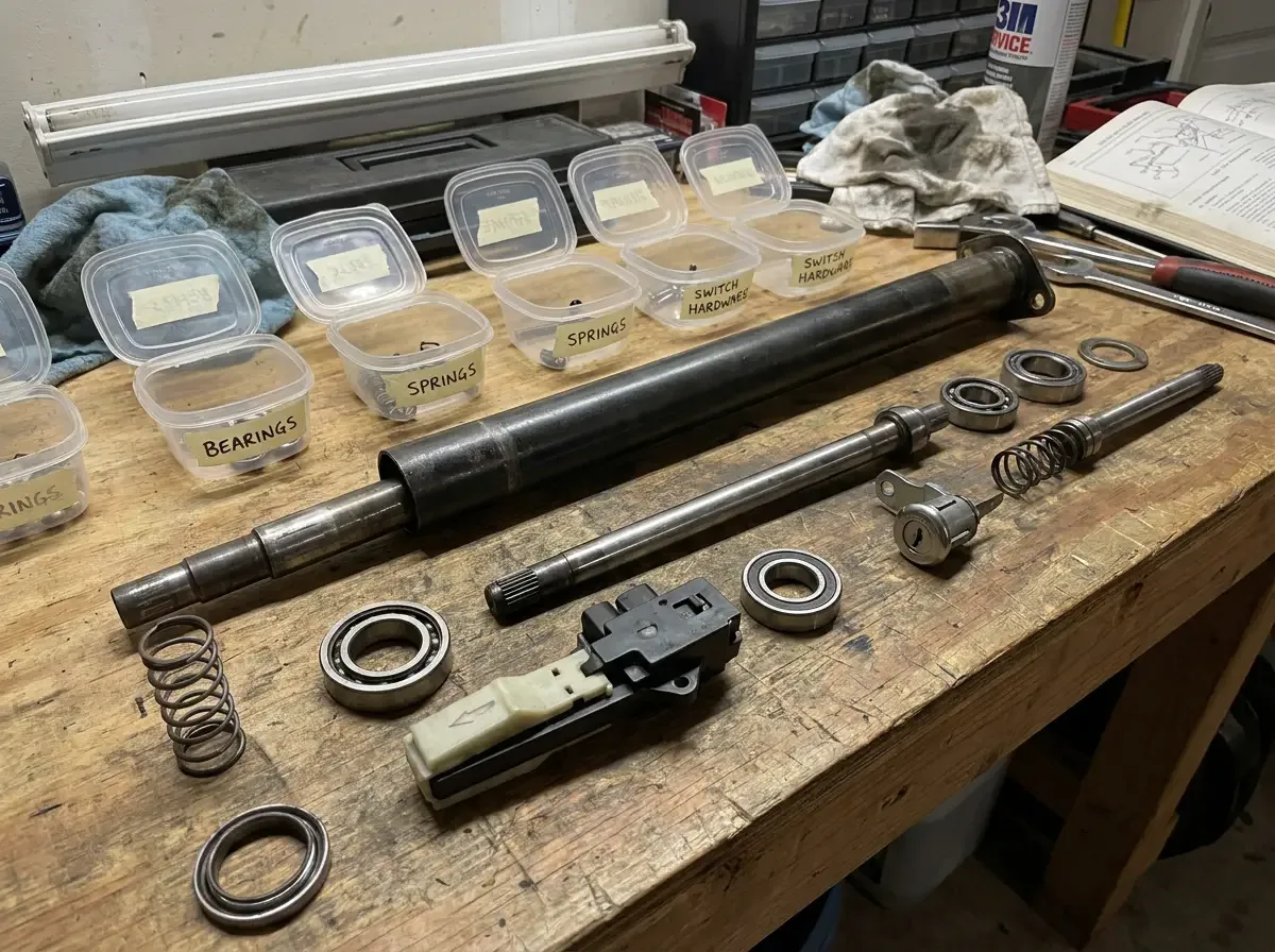 1971 Chevrolet C10 steering column -- fully disassembled on the bench