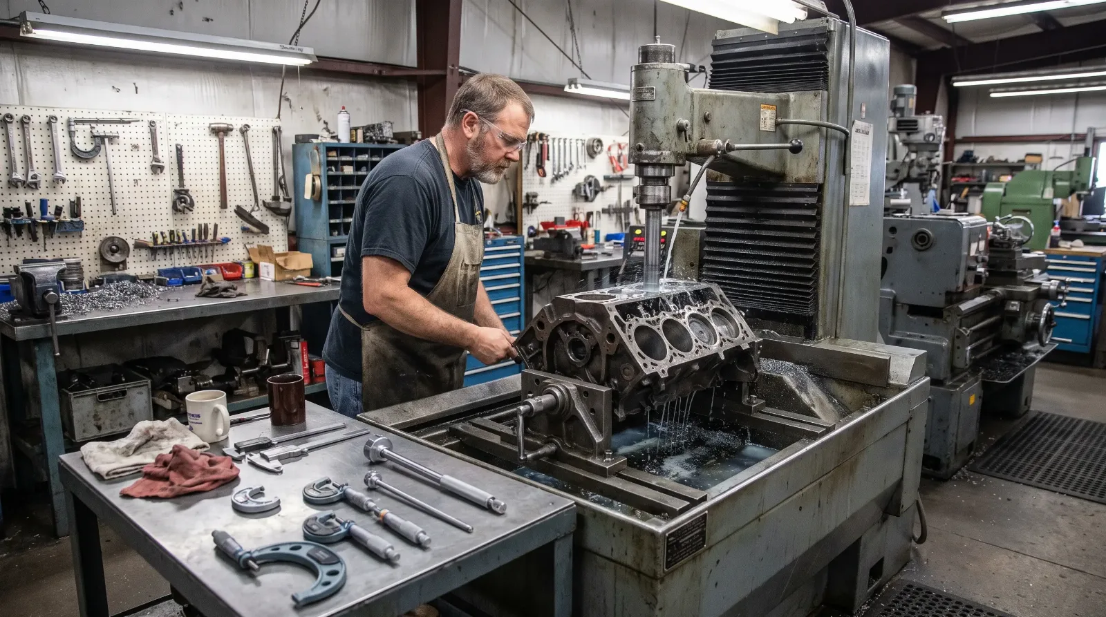 Machinist honing the cylinders of an iron V8 block in an engine machine shop