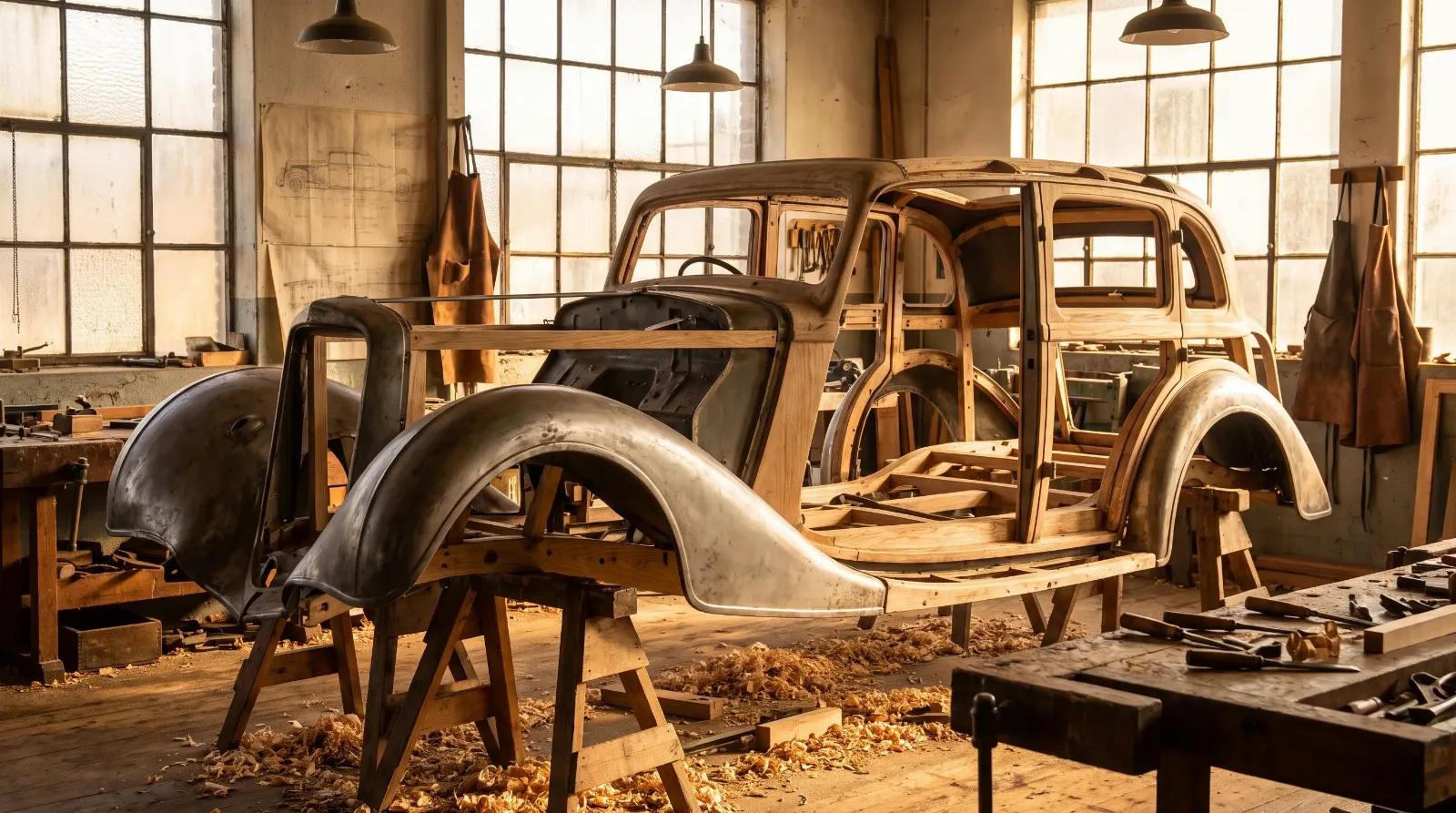 1930s workshop - exposed ash wood body frame under repair