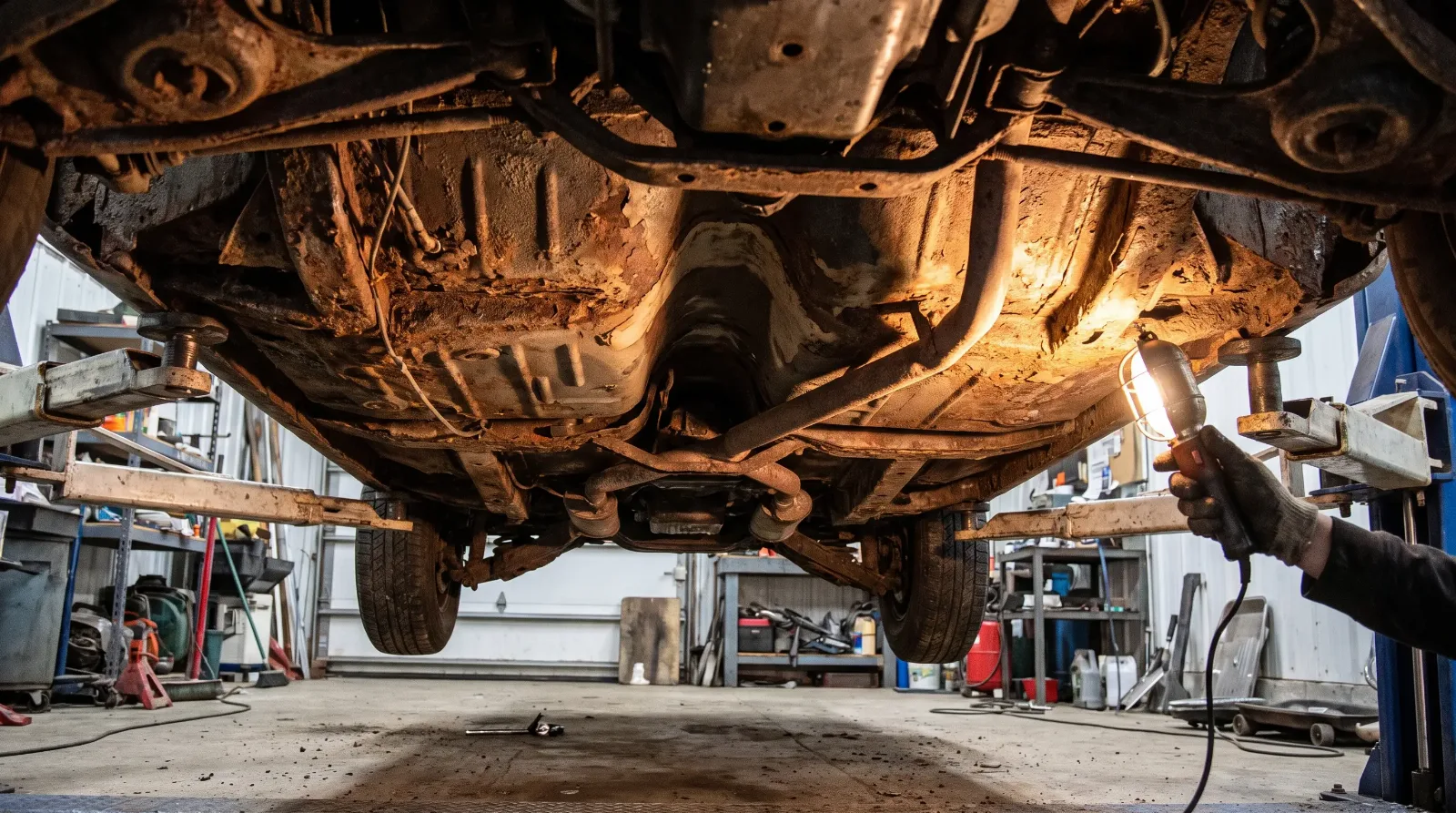 Rusted frame and floor pans on a classic car underbody