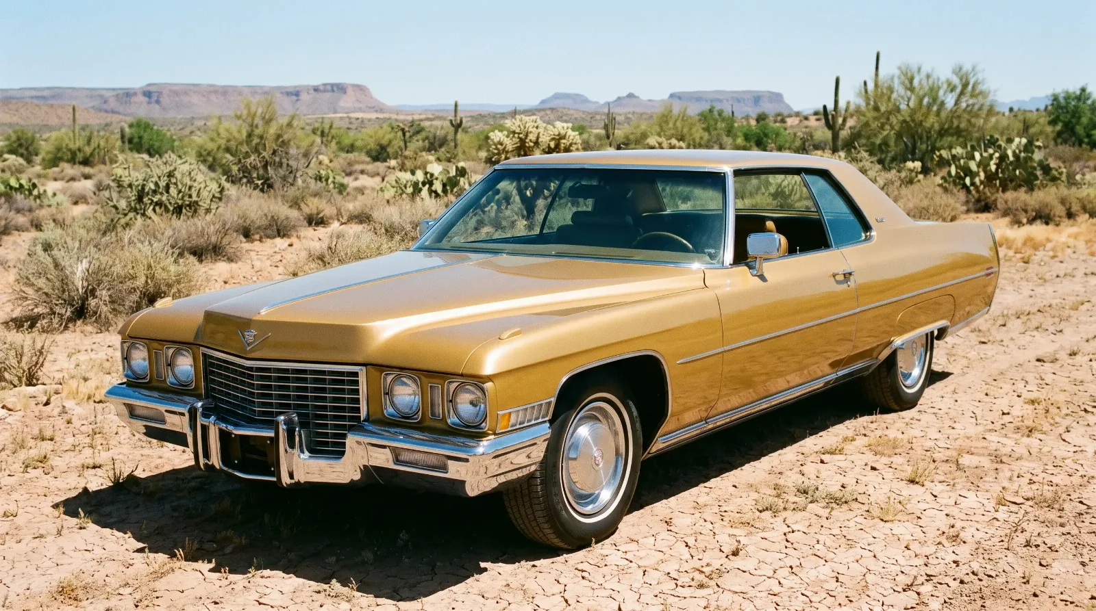 Rust-free 1972 Cadillac Coupe deVille parked in a dry Arizona desert landscape