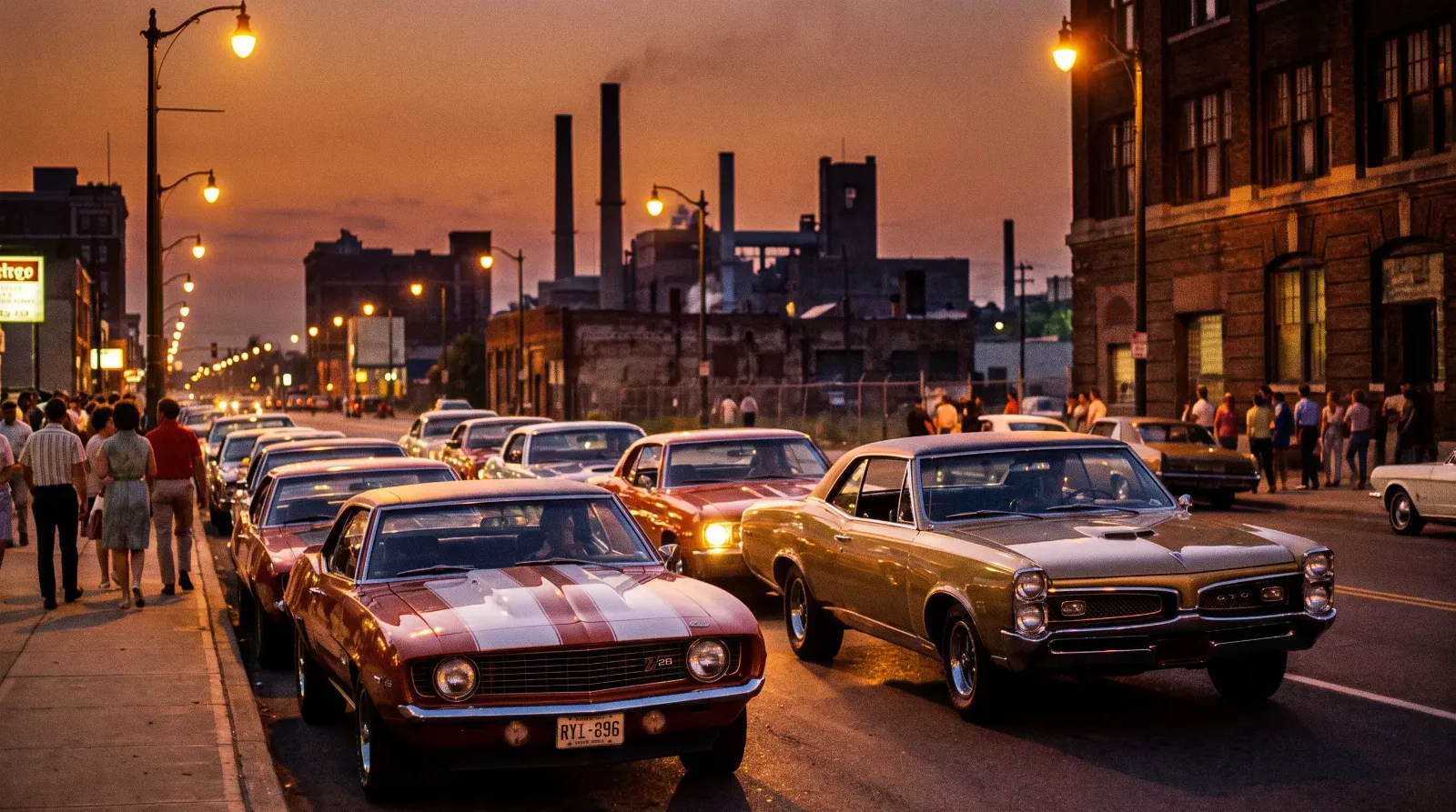 Classic muscle cars cruising Woodward Avenue in Detroit at dusk
