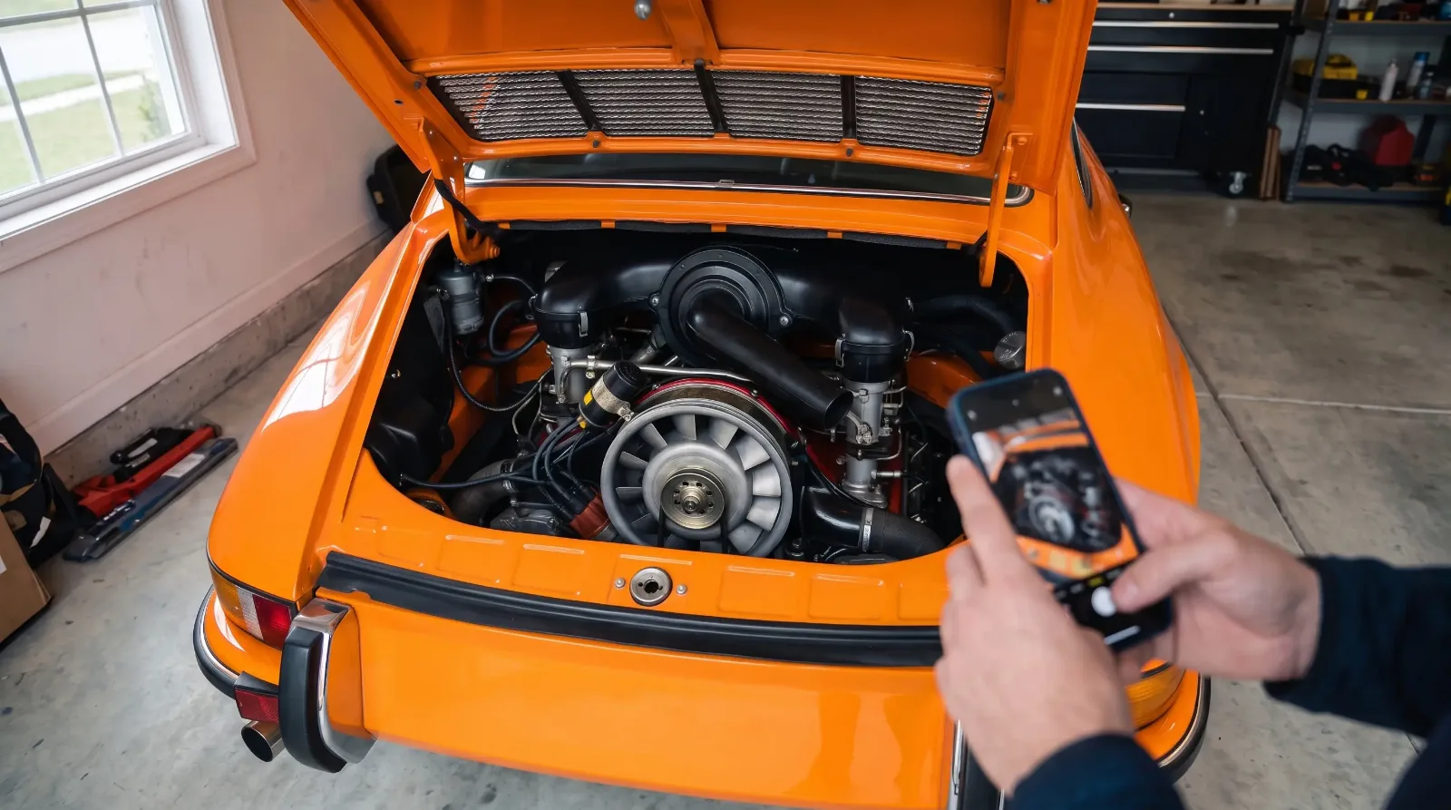 Owner photographing the air-cooled engine of an orange 1973 Porsche 911T with a phone