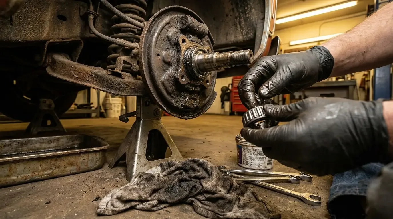C10 front hub with bearing being packed by hand