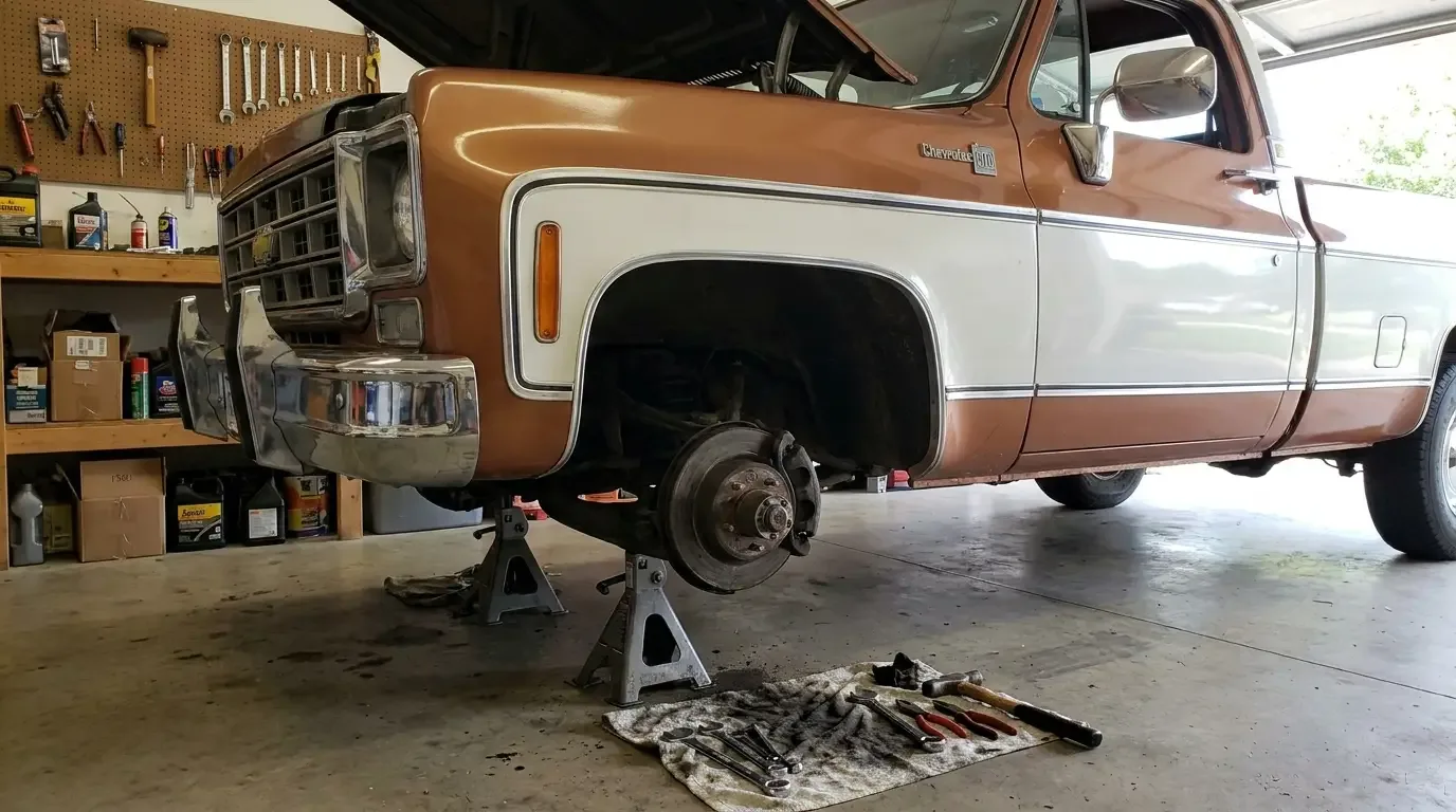 C10 front hub on jack stands -- wheel off, bearing service