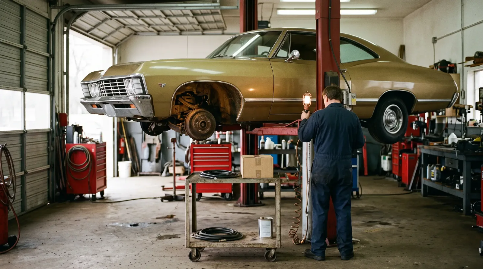 Mechanic inspecting the front drum brake of a gold 1967 Impala on a lift