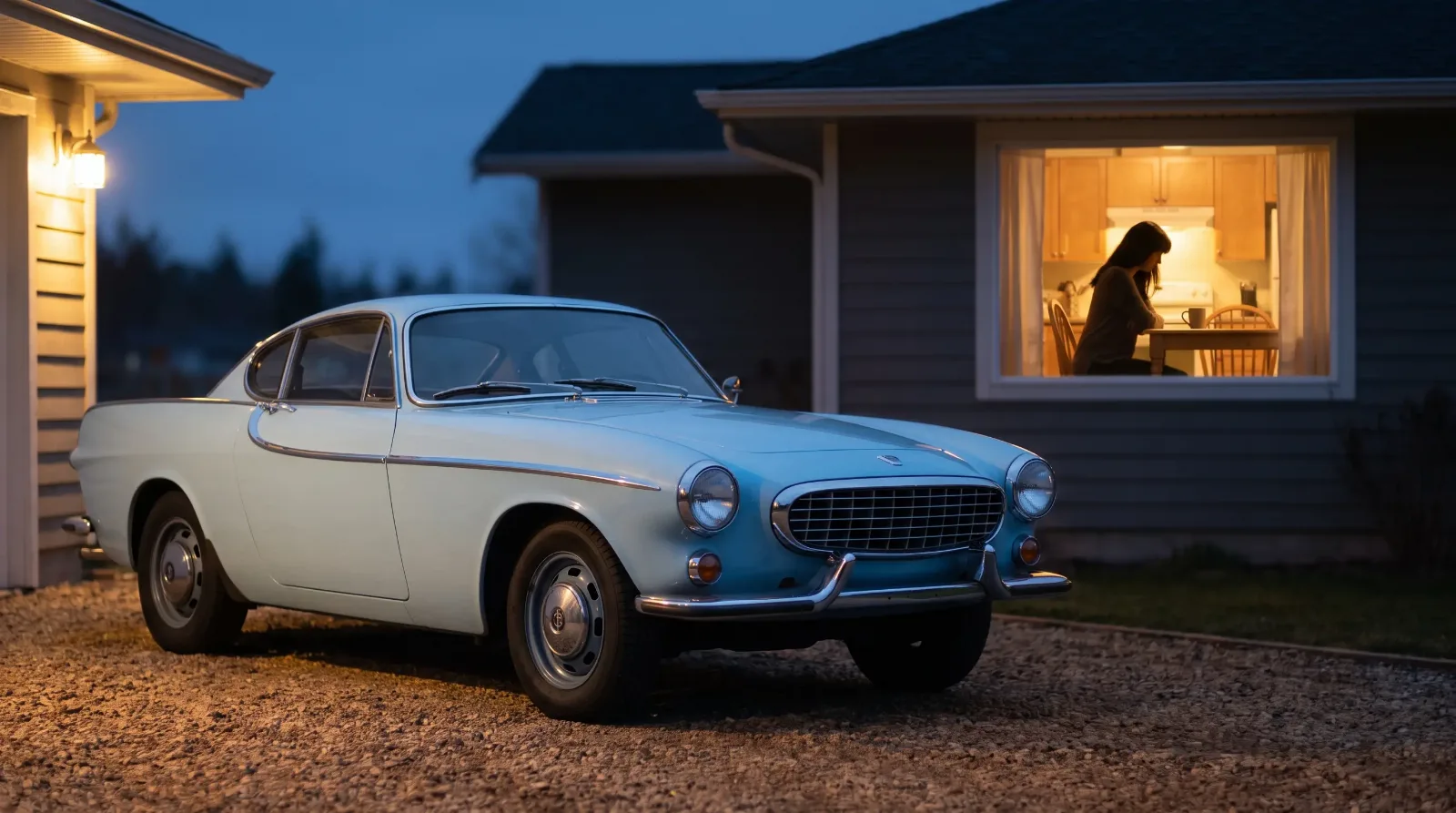 Pale blue 1965 Volvo P1800 in a dusk driveway, seller inside at the table