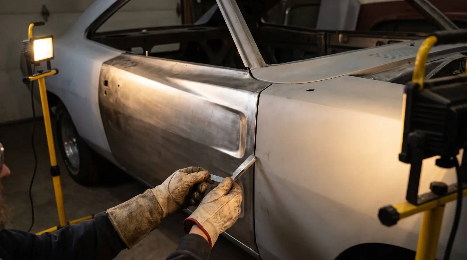 Restorer test fitting a bare reproduction door on a muscle car body and checking the panel gap with a feeler gauge