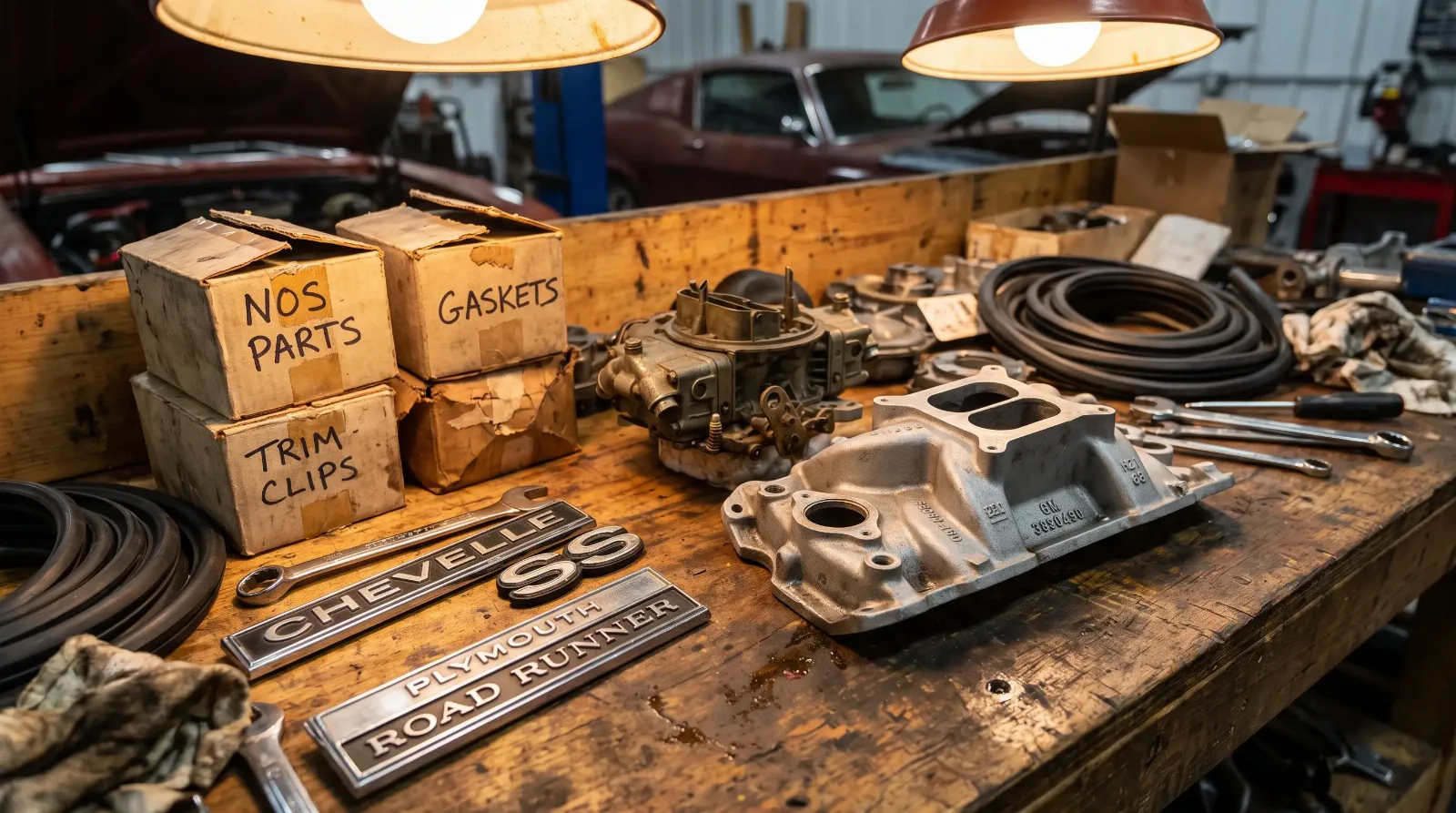 Vintage muscle car parts and NOS boxes on a restoration shop workbench