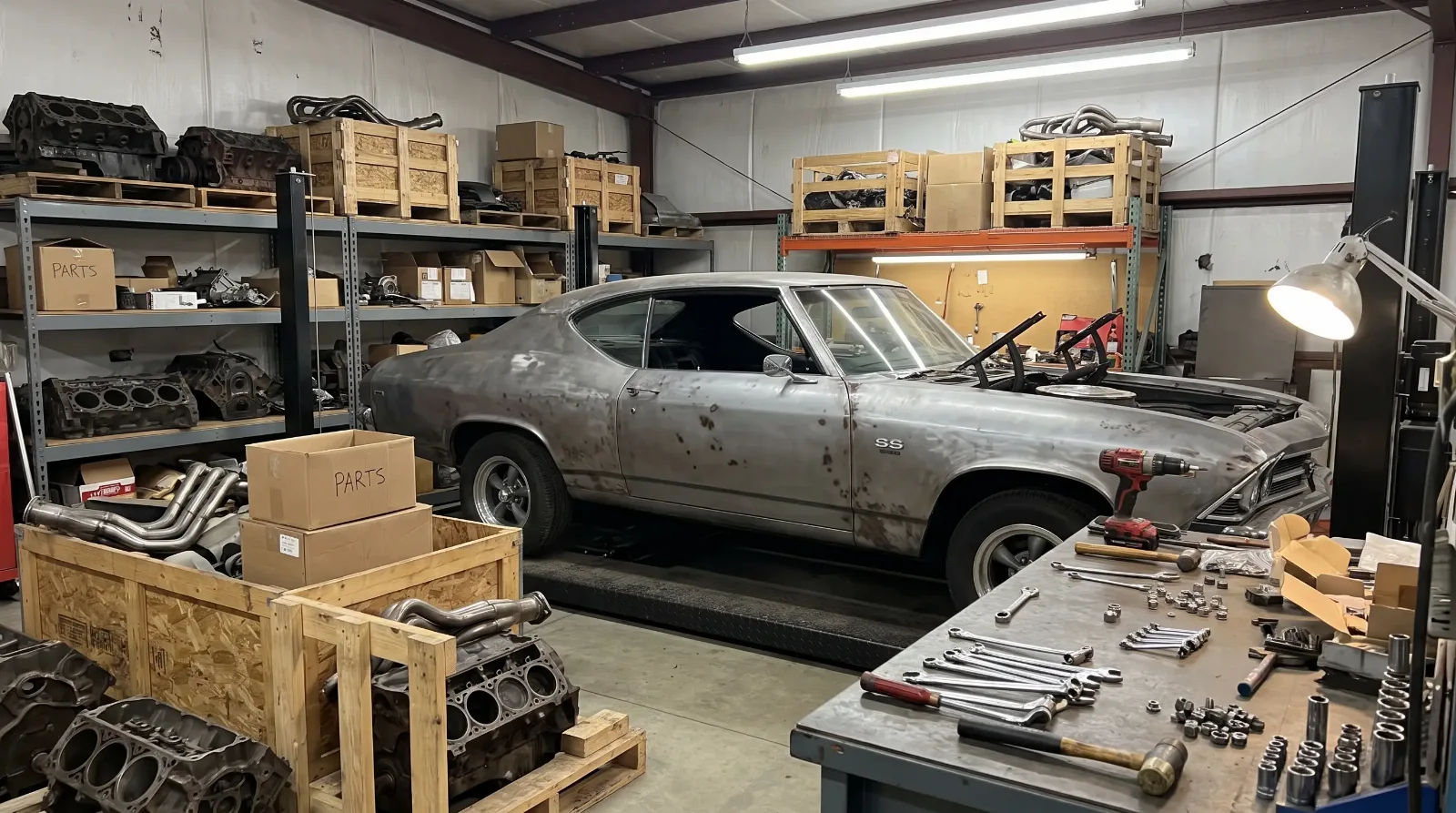 A 1969 Chevrolet Chevelle SS in a restoration workshop surrounded by parts shelves during a rebuild.