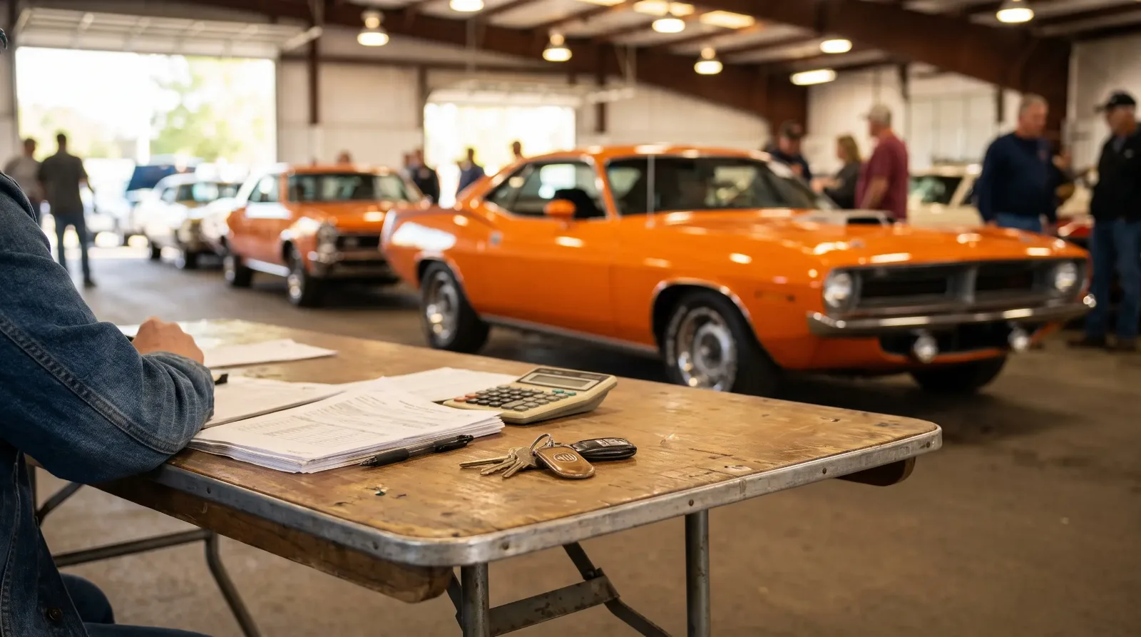 Consignment contract and keys on a table beside an orange 1970 'Cuda at auction