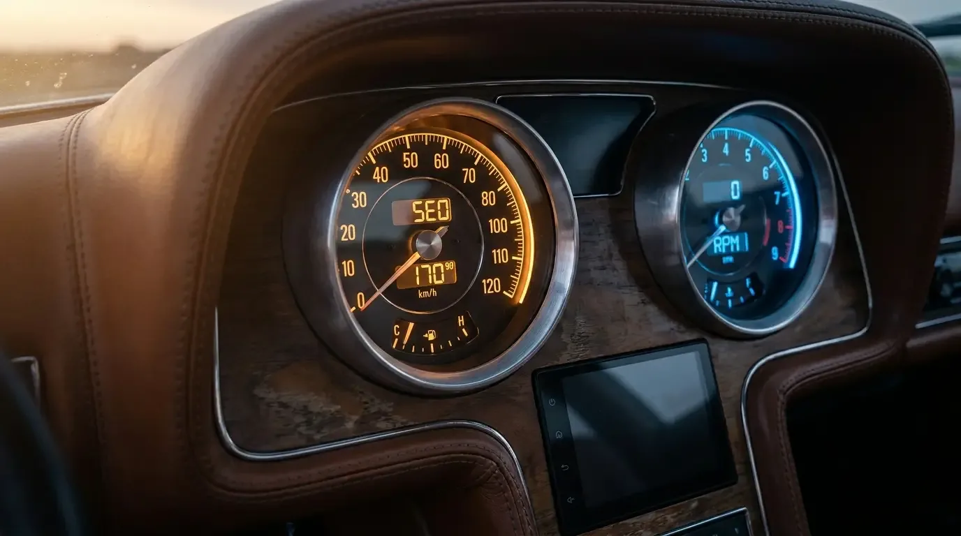 Classic car instrument cluster with modern digital gauges glowing behind vintage-style faces and a hidden dashboard touchscreen at dusk