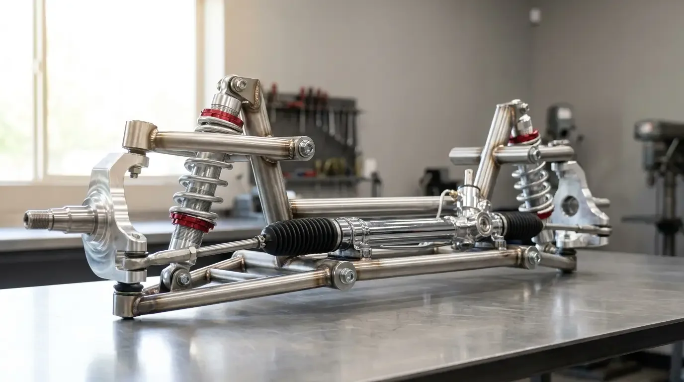 Bolt-in independent front suspension crossmember with polished coilovers, tubular control arms, and rack-and-pinion steering on a workbench