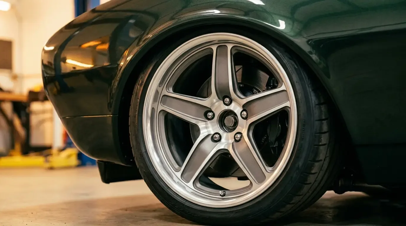 Modern forged five-spoke wheel with a low-profile tire on a lowered restomod, glossy paint reflecting above the fender