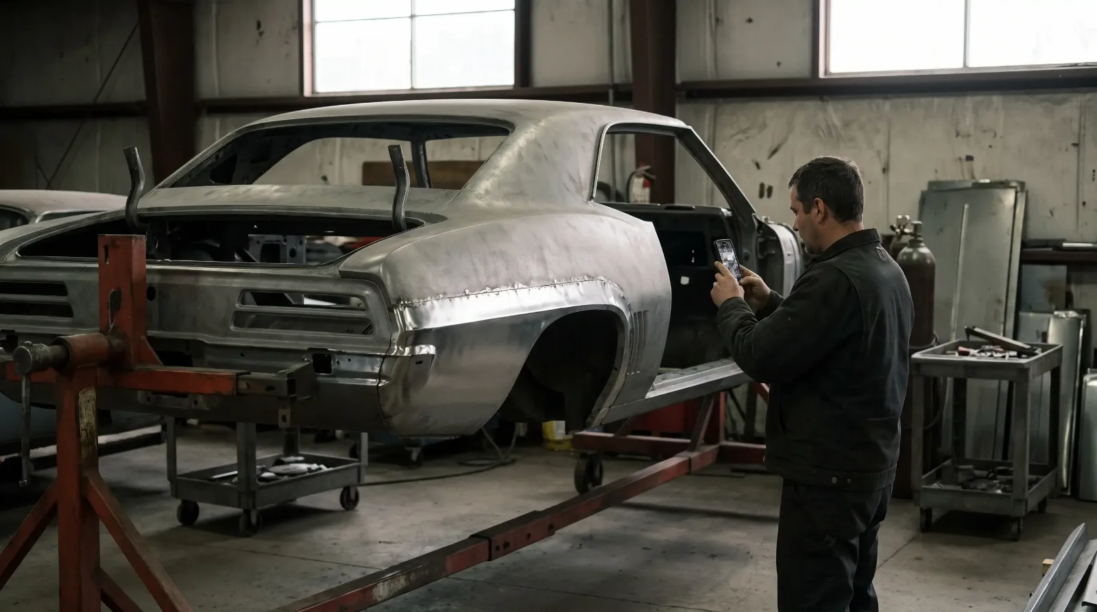 Owner photographs a welded quarter panel on a bare 1969 Firebird shell on a rotisserie