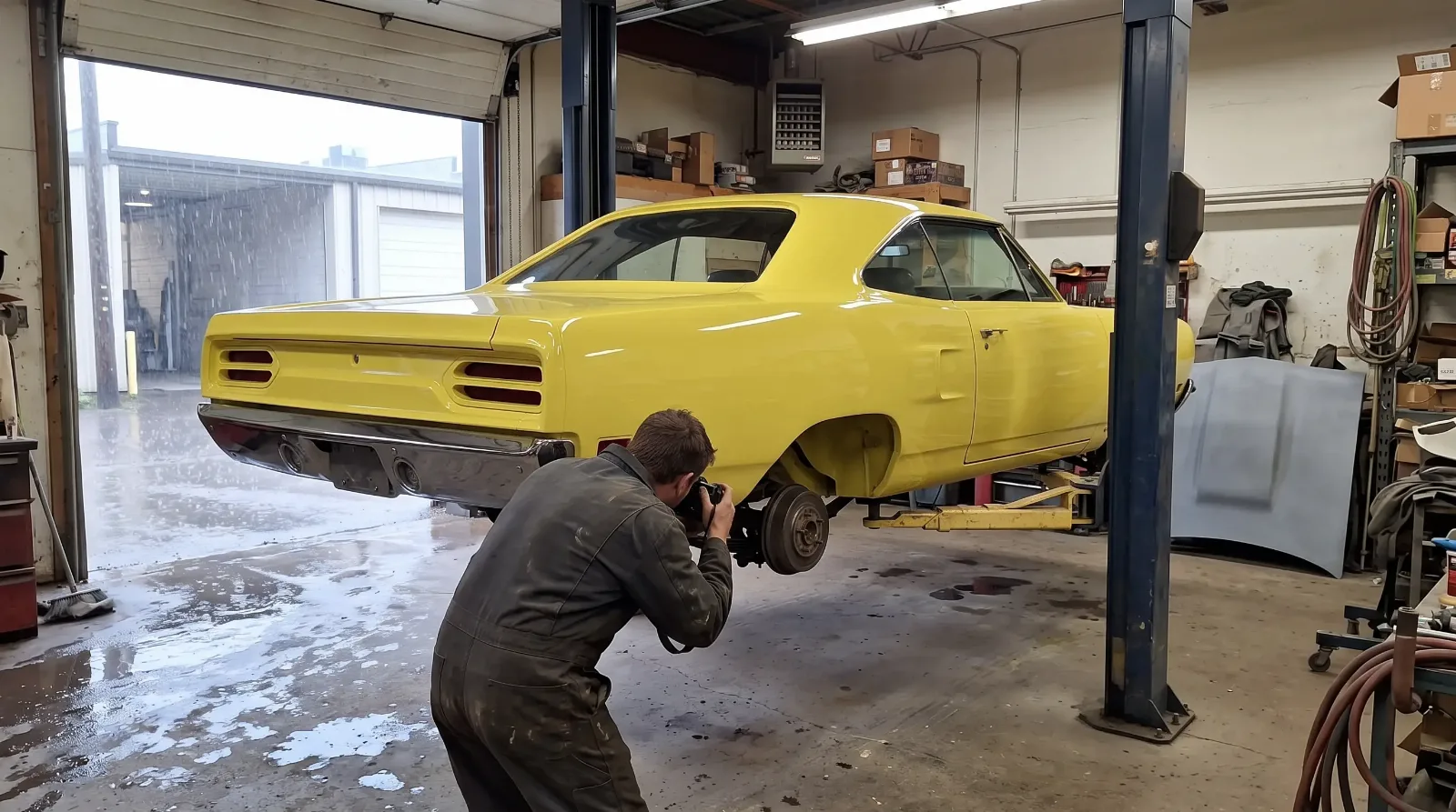 A rainy day in a restoration shop bay with a 1970 Plymouth Road Runner on a lift