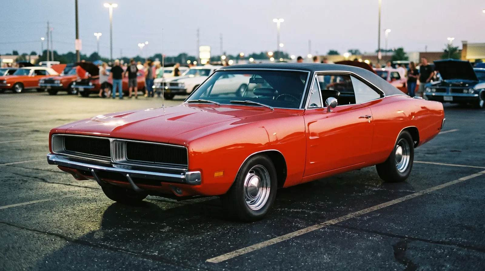 A cruise night in a parking lot with a 1969 Dodge Charger