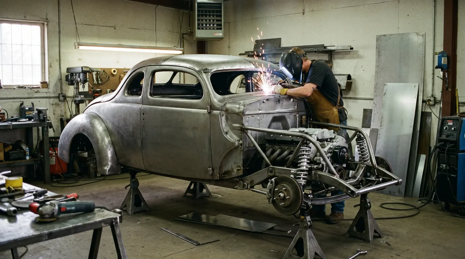 Fabricator welding a chopped roofline on a 1940s coupe in a custom shop