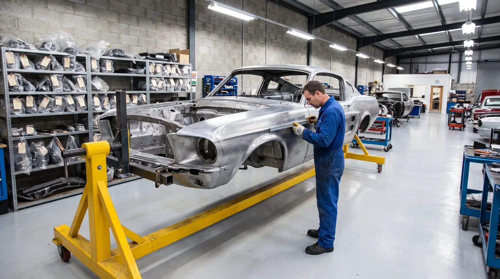 Classic fastback body stripped to bare metal on a rotisserie in a restoration shop
