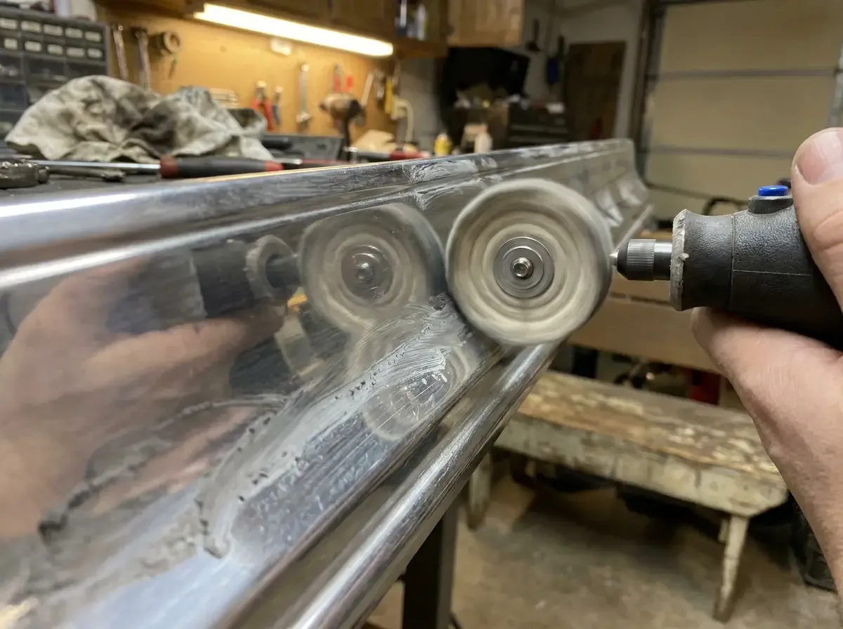 1970s Chevrolet C10 aluminum trim -- close-up buffing wheel polishing pass