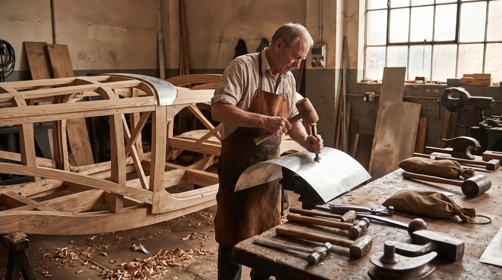 Craftsman hand-forming a body panel over a wooden coachbuilt frame