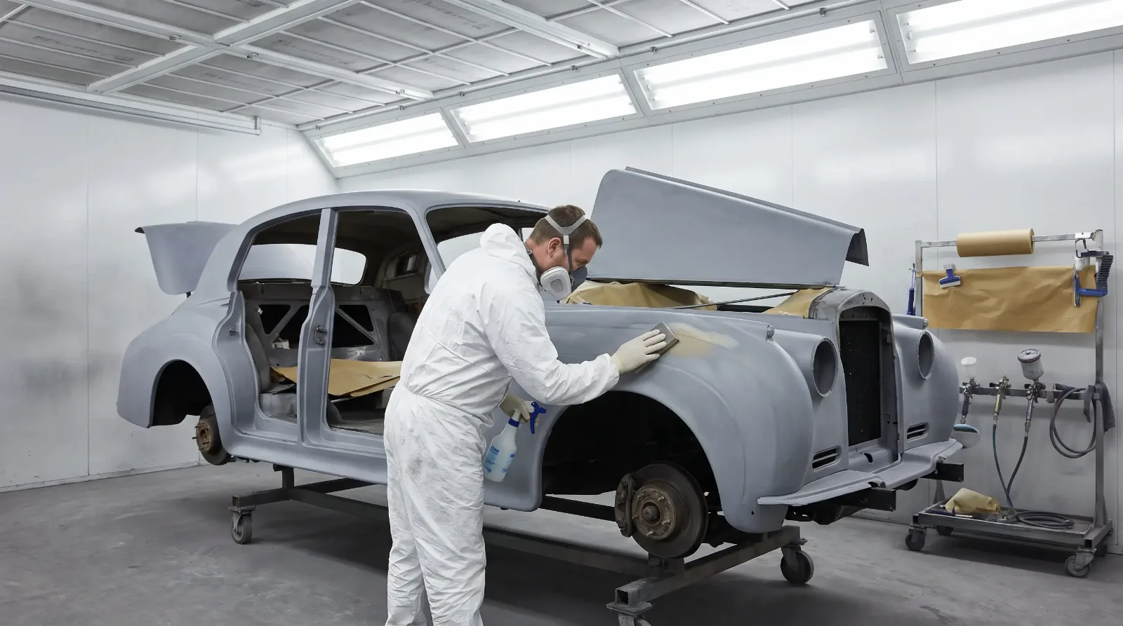 Classic luxury car body in a restoration paint booth