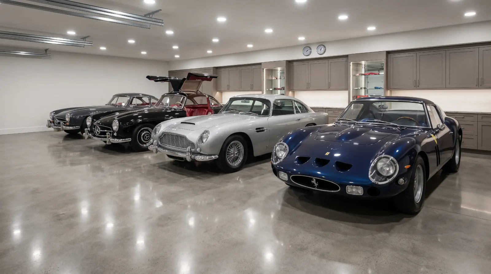 Collector's garage with several classic luxury cars