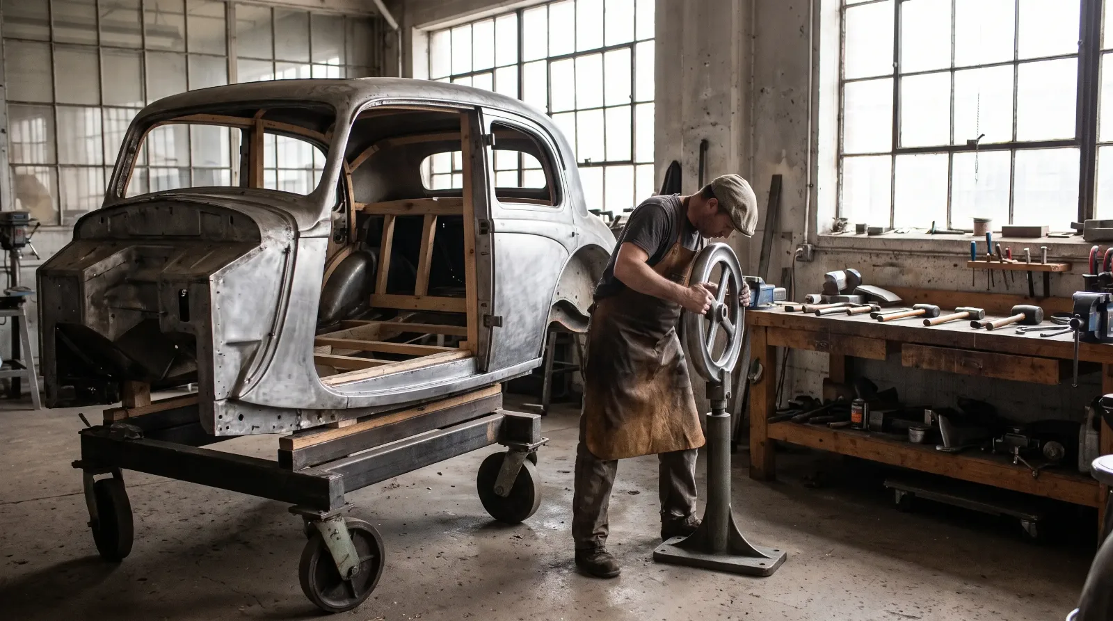Craftsman hand-wheeling a panel on partially restored body