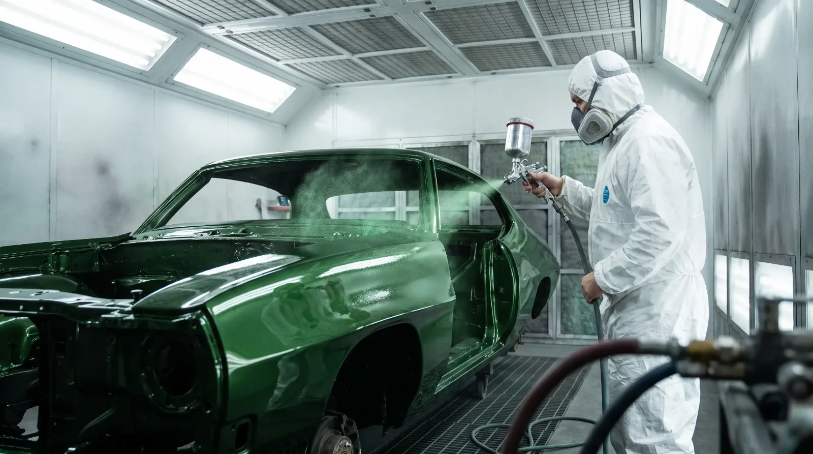 Classic Pontiac GTO body being sprayed factory green in a paint booth
