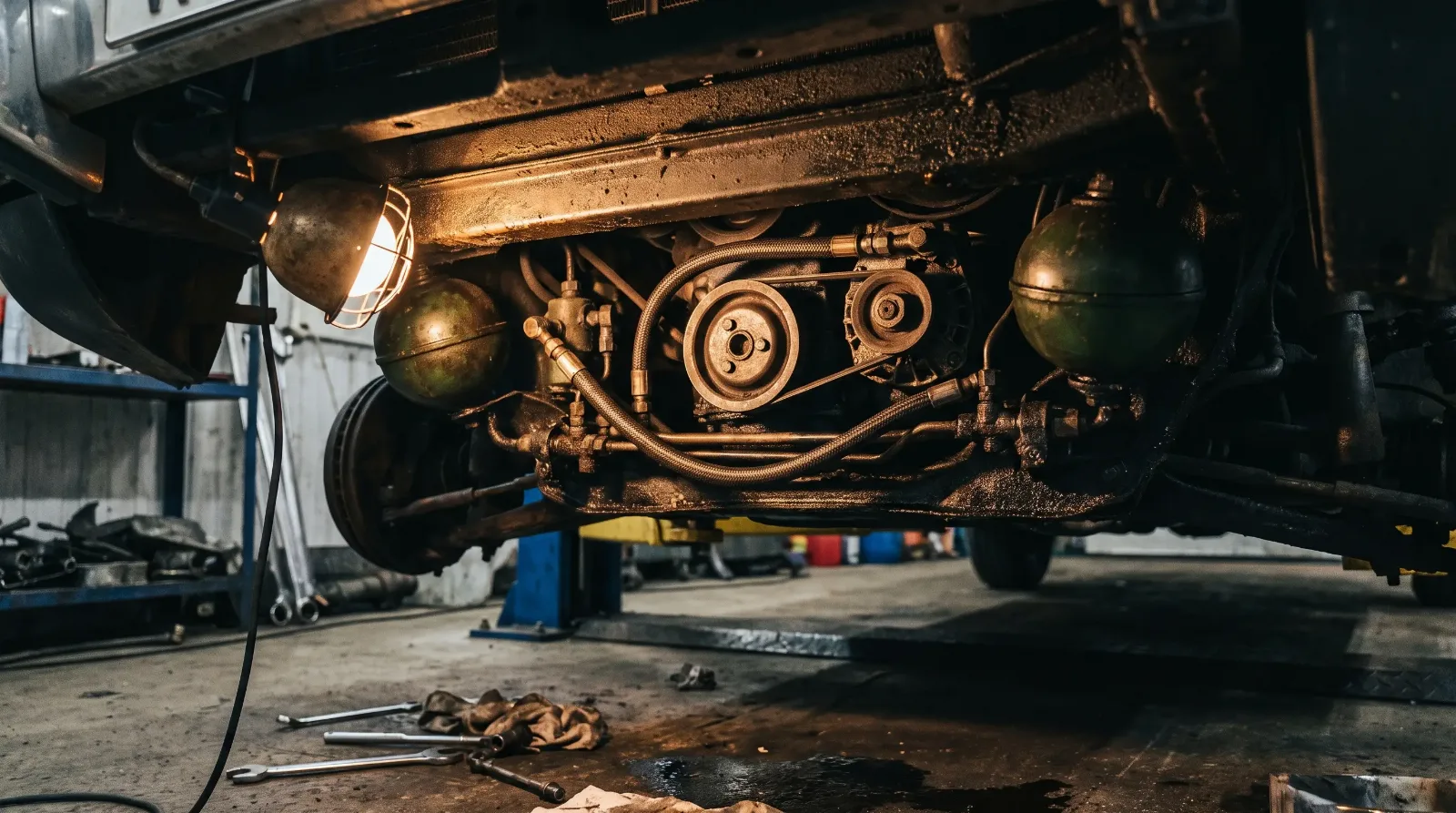 Hydraulic self-leveling suspension components under a classic luxury car