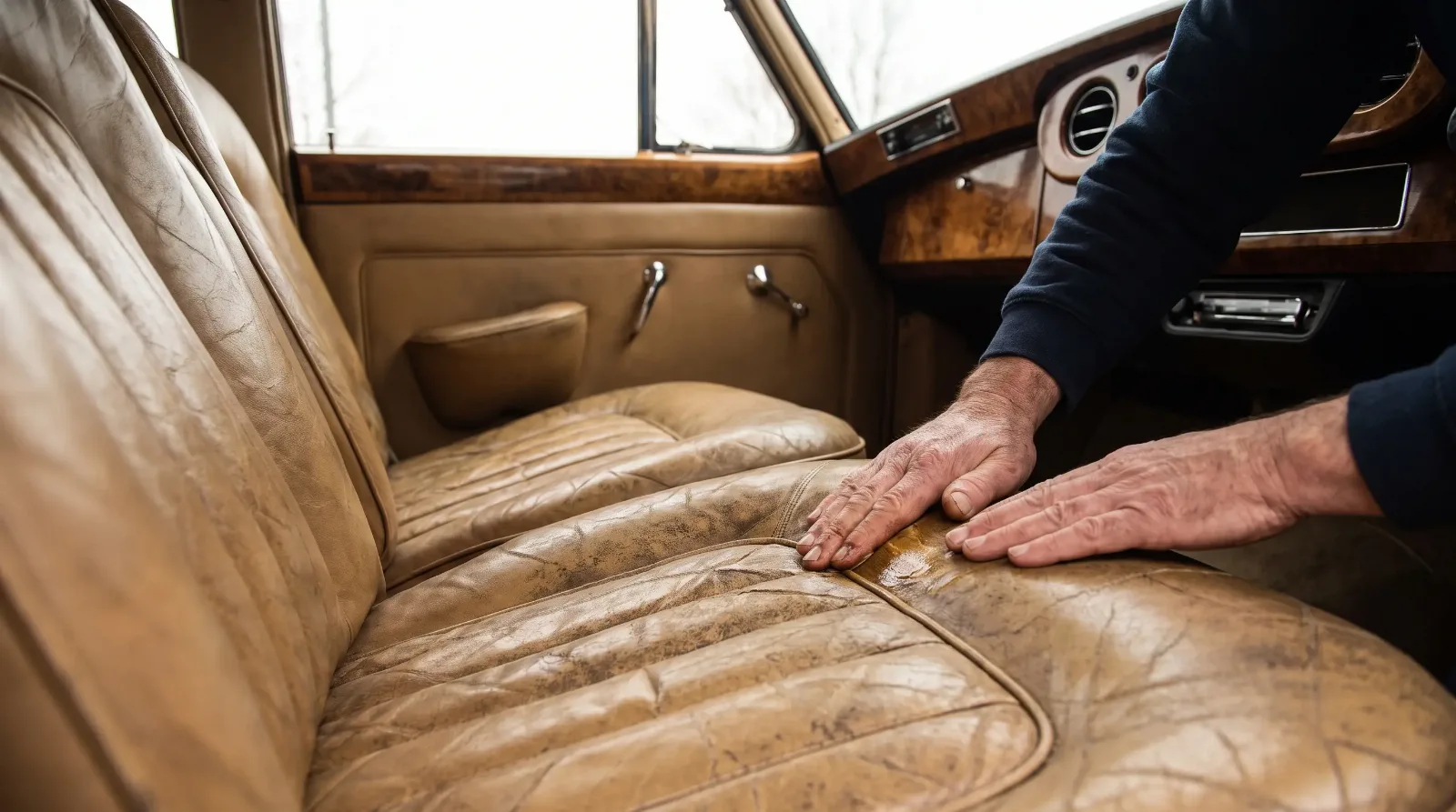 Restoring aged leather upholstery in a classic car interior